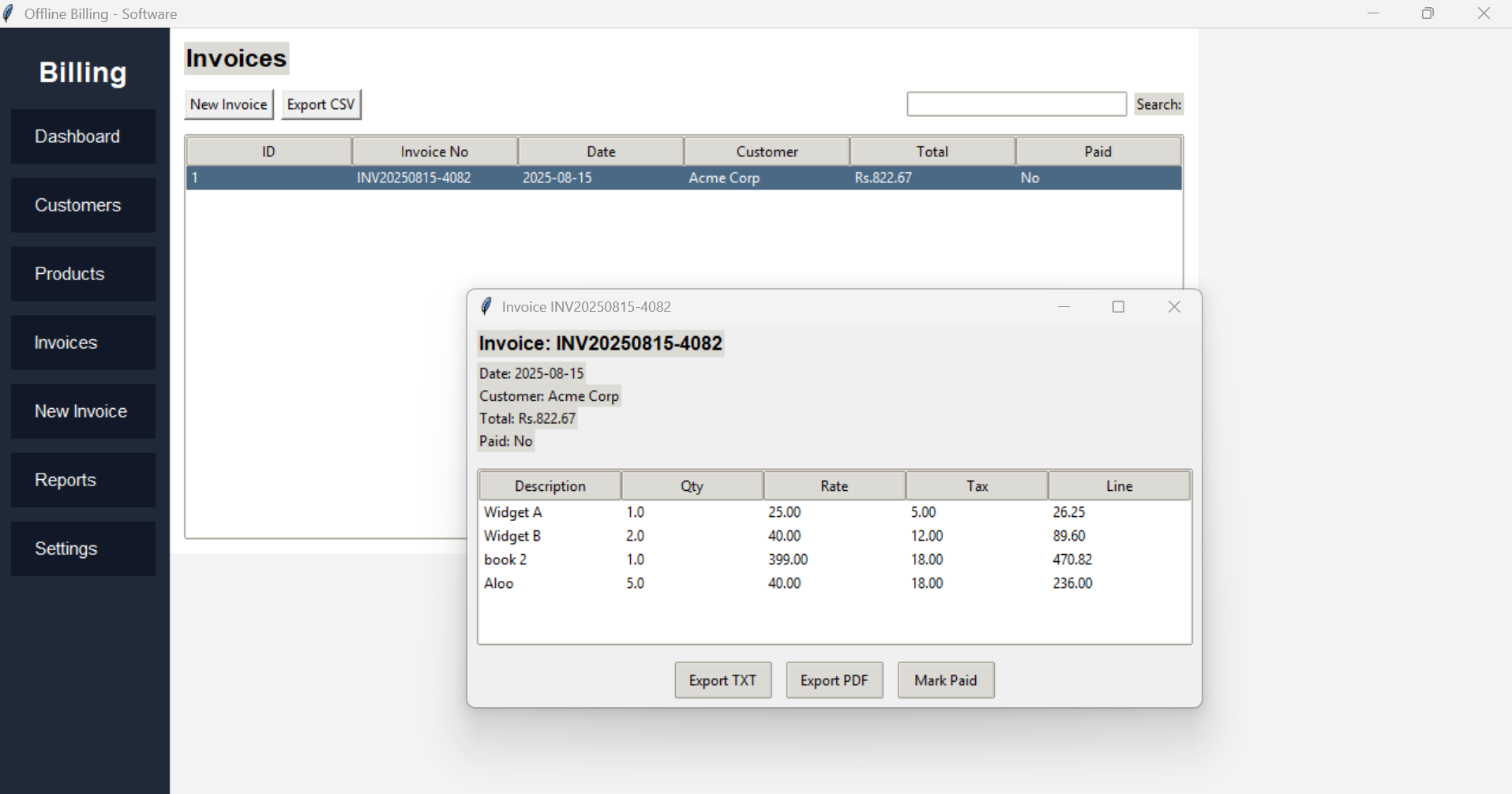 Invoices(Print Bill,Mark Paid etc)